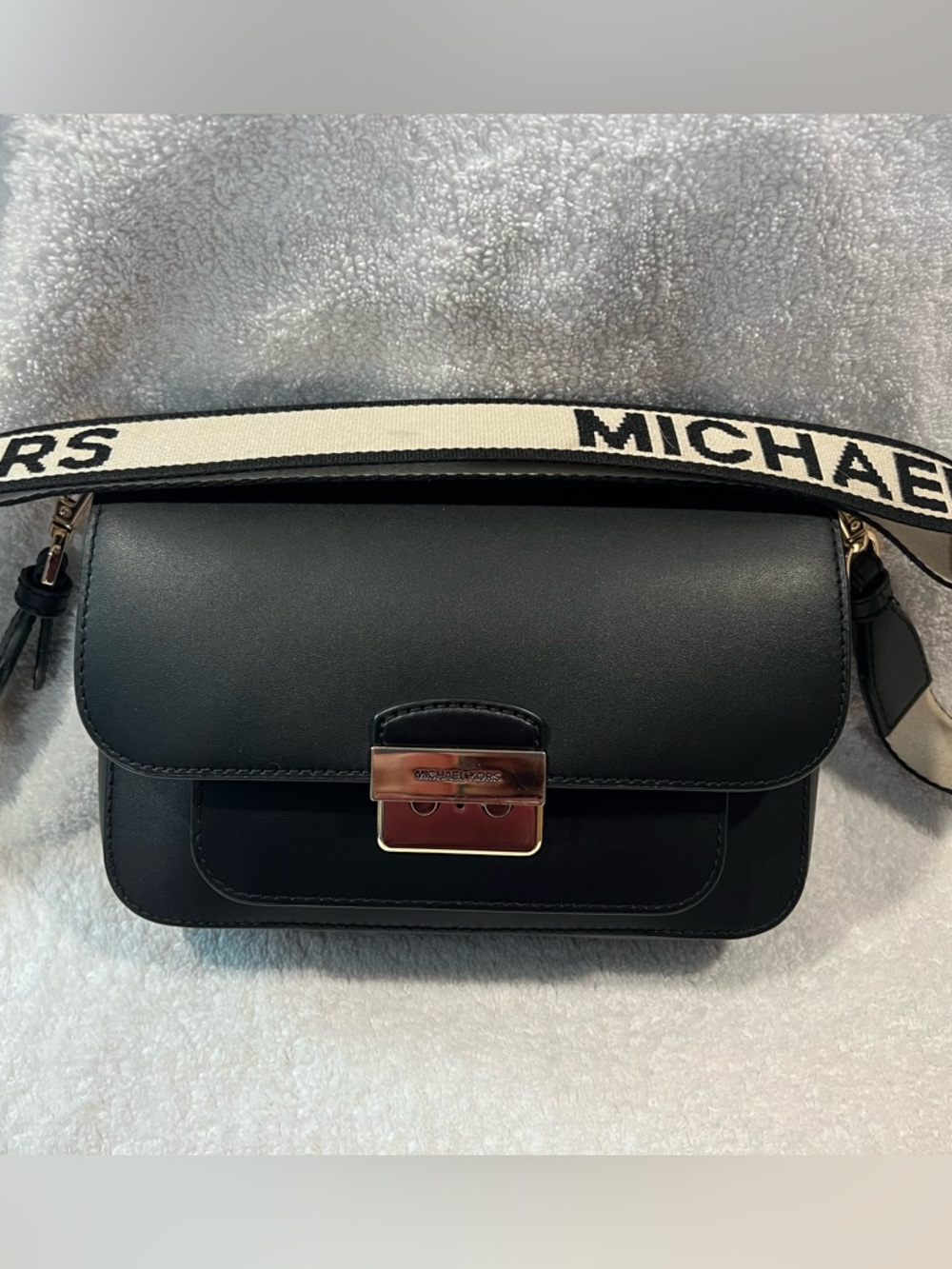 Michael Kors Sloan Black Leather Crossbody Bag with Branded Canvas Strap